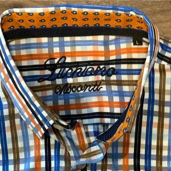 Luchiano Visconti Men's Size L Button-Down Shirt  Plaid Orange Blue Black Brown - Picture 2 of 6